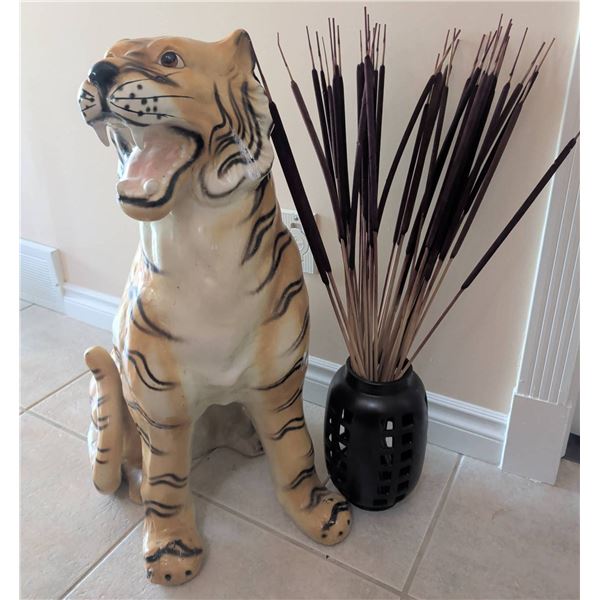 Painted Ceramic Tiger Figurine and Black Lattice Vase with Decorative Sticks