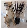 Image 1 : Painted Ceramic Tiger Figurine and Black Lattice Vase with Decorative Sticks