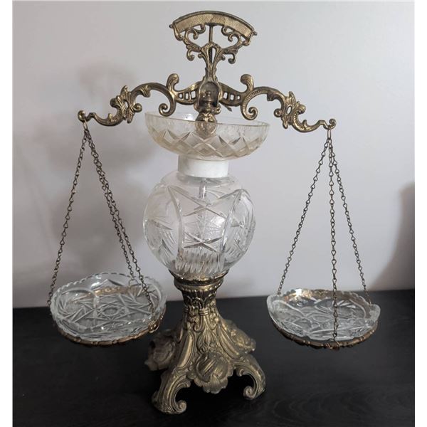 Brass Ornate Balance Scale with Cut Glass Bowls and Globe Accent