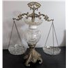 Image 1 : Brass Ornate Balance Scale with Cut Glass Bowls and Globe Accent