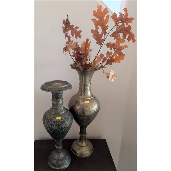 Etched Metal Vases with Engraved Floral Motifs