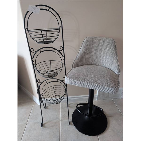 Wire Basket Storage Rack and Adjustable Bar Stool w/ Tweed Upholstery
