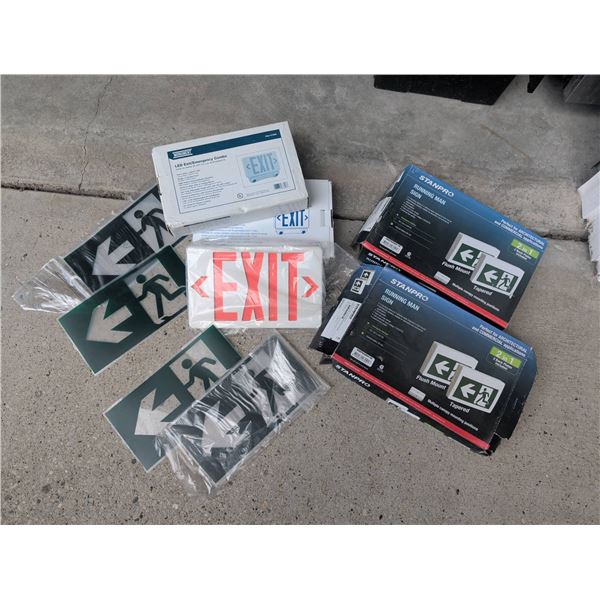 Commercial Exit and Emergency Signage Including LED Exit Signs and Running Man Symbols