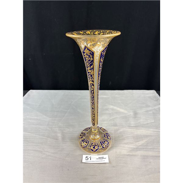 Stunning 12.5" Tall Moser Cobalt Blue Glass Vase w/ Guild Accents and Fluted Trumpet Shape