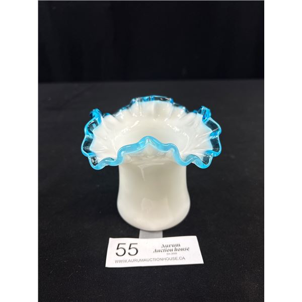Vintage Fenton Milk Glass 5  Aqua Crest Top Hat Vase