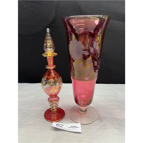 Pretty Vintage 9" Hand Blown Pink/Gold Glass Perfume Bottle & 10" Tall Etched Glass Vase