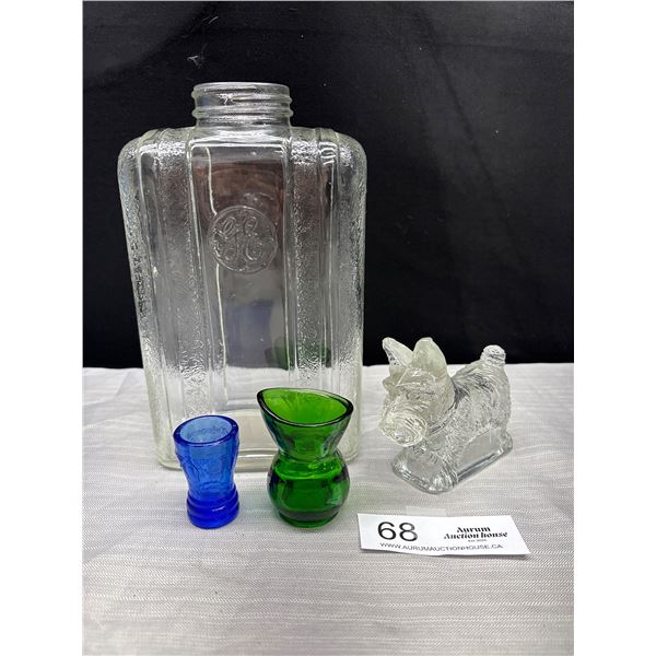 1930's GE 7.5" Clear Glass Refrigerator Water Bottle, 2 Eye Wash Cups & Scottie Dog