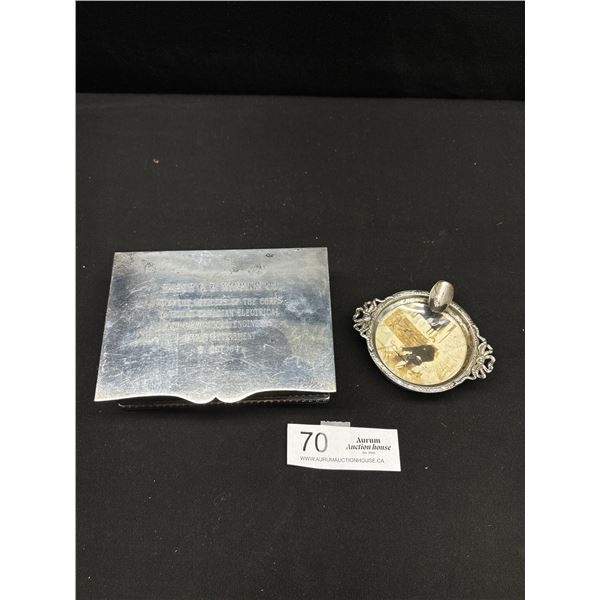 Vintage Military Engraved Cigarette Box & Framed Photo Metal Ashtray