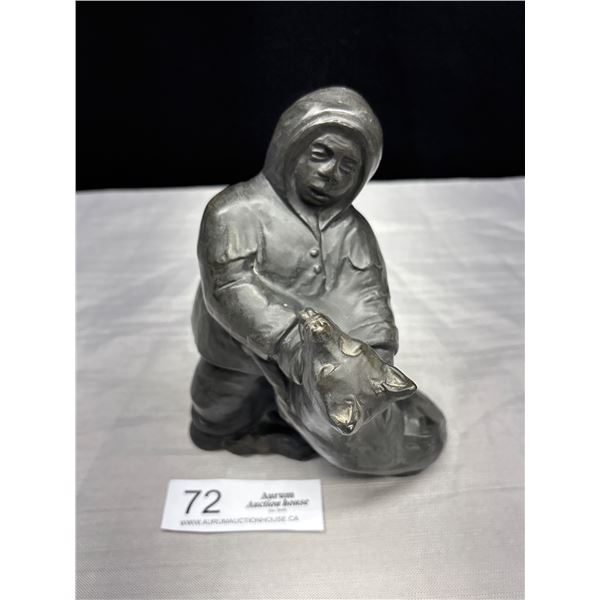 Signed 1972 Ardvaark Canada Inuit Man w/ Dog Sculpture - 6" Tall