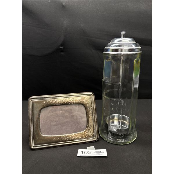 A Vintage Table Craft Barber Jar and Heavly Silver Plated Frame Marked GR.#