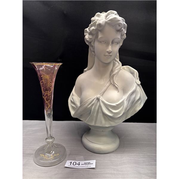 A Moser Style Cranberry Glass Vase And Fiberglass Bust Lady Sculpture