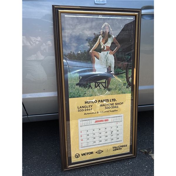 21" x 40" Framed Calendar 1983 Langely BC Hutco Parts, Pin Up Girl