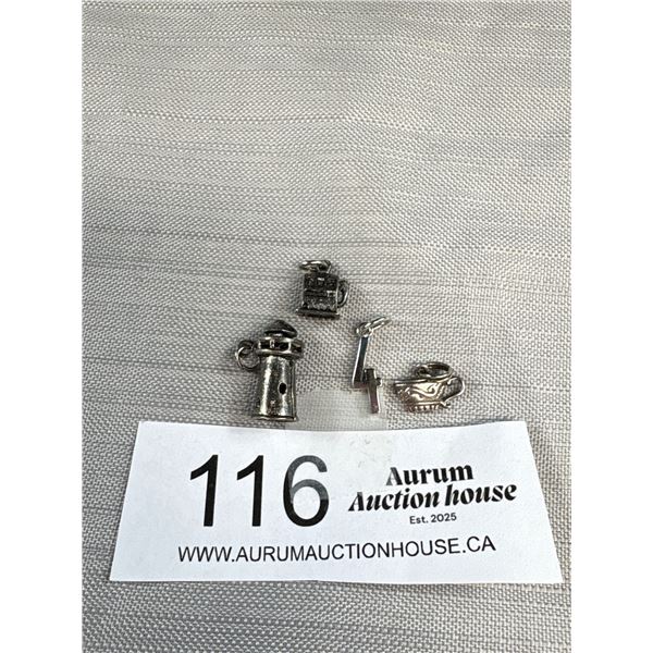 926 Sterling Silver 4 Charms/Pendant Lot Slot Machine, Lighthouse, Dakots West Tea Cup & All 4 Marke