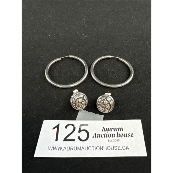 926 Sterling Silver lot - Two Pairs of Earrings - Italy 1.5" Hoop Earrings & Pebble Stud