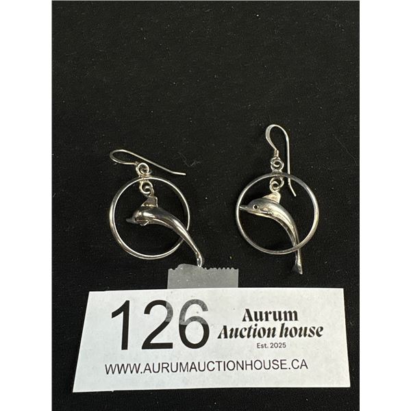 Solid 925 Sterling Silver Jumping Dolphin Hoop Dangle Earrings with 1.75 Drop - Marked & Tested