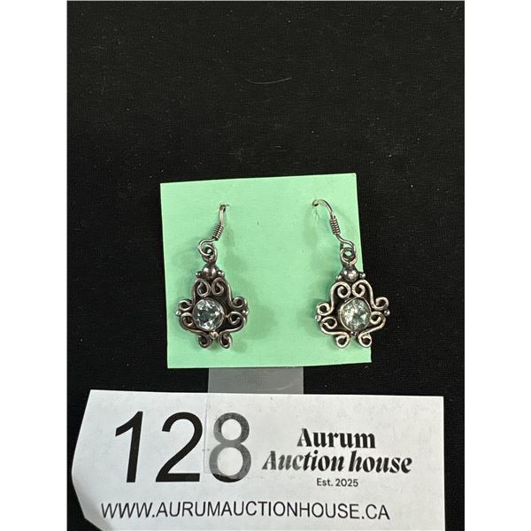 Vintage 925 Sterling Silver 1.25" Drop Topaz Hook Earrings - Marked & Tested