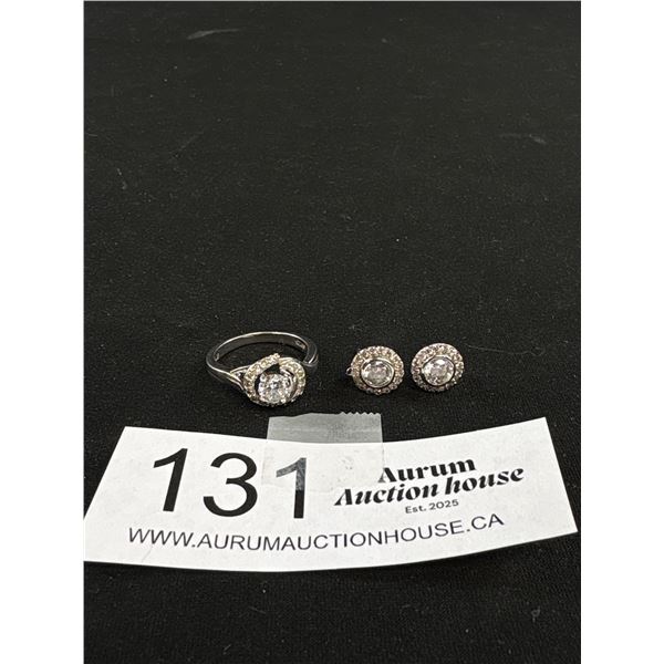 Set o 925 Sterling Silver Italy Halo Ring & Stud Earrings - Ring Size 6.5 All Marked & Tested