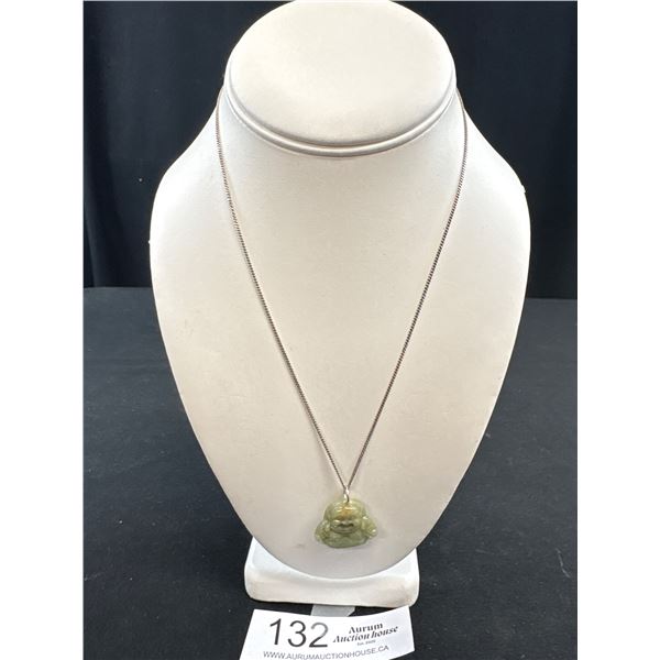 Carved Jade Laughing Budha on 18" Curb Link 925 Sterling Silver Chain - Marked & Tested