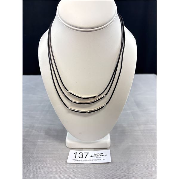 Silpada Retired N1571 Triple Strand Black Leather Curved Sterling Silver Bars Necklace - Marked and 