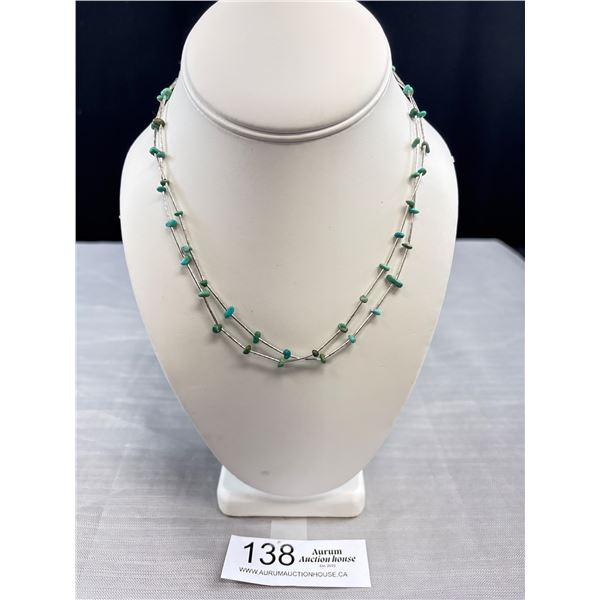 Vintage Native American Liquid Sterling Silver Two Strand Necklace with Turqouise Nuggets - Marked &