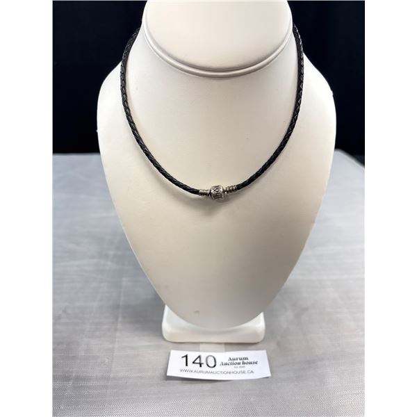 Pandora 925 Sterling Silver Black Braided Leather Cord Necklace 15.5" - Marked 7 Tested