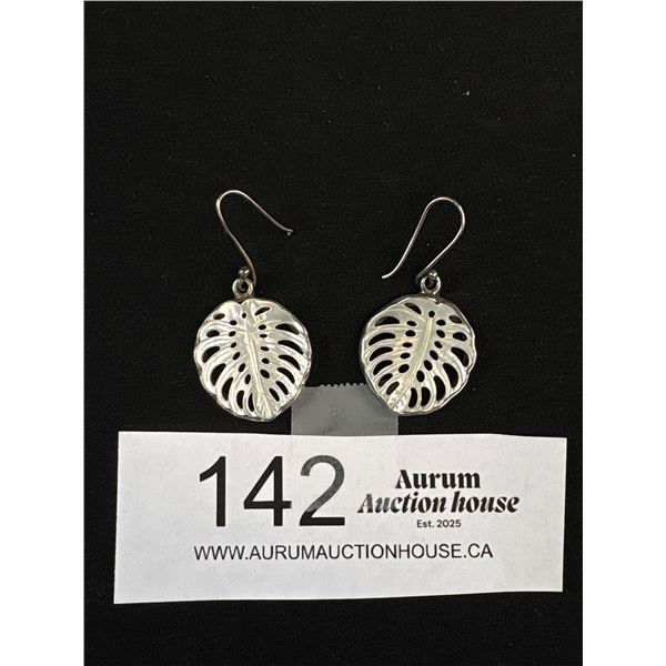 Beautiful Quality 925 Sterling Silver Carved Mother of Pearl Dangle Earrings 1 11/16" Drop - Marked 