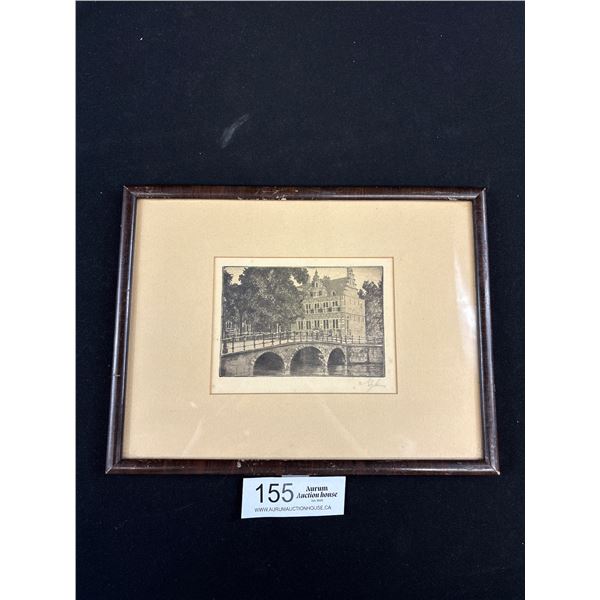 Antique Black and White Etching/Print Depicting House on The Three Canals