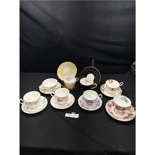 Lot of 8 Vintage Bone China Teacups and Saucers No Chips or Cracks, 2 Aynsley, 2 Paragon etc