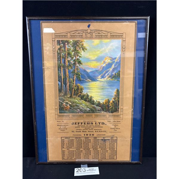 Nicely Framed 1936 Jeffers LTD. Calendar Approx 16" L x 12" W