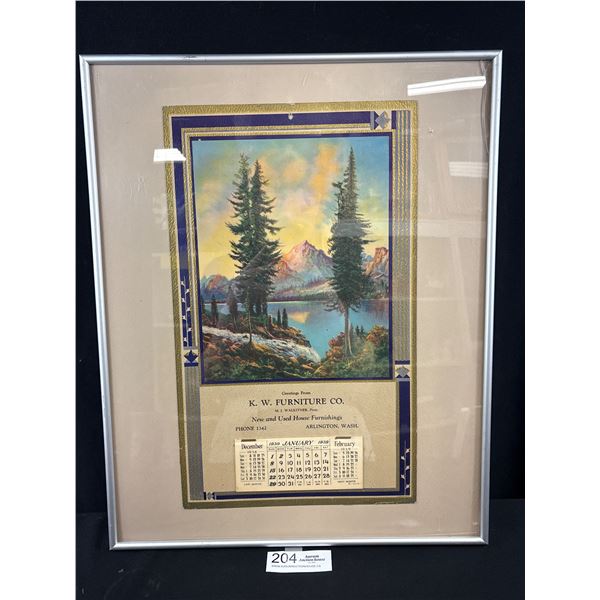 Nicely Framed 1939 K.W. Furniture Co. Calendar Approx 20.5" L x 16" W