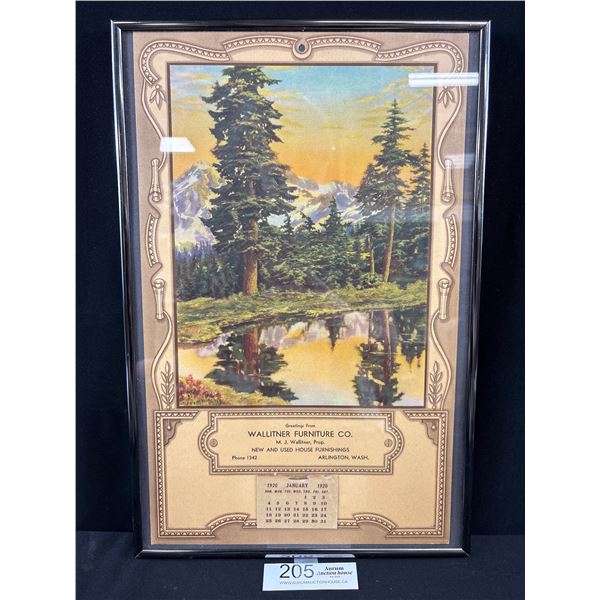 Nicely Framed 1920 Wallitner Furniture Co. Calendar Approx 16" L x 10.5" W
