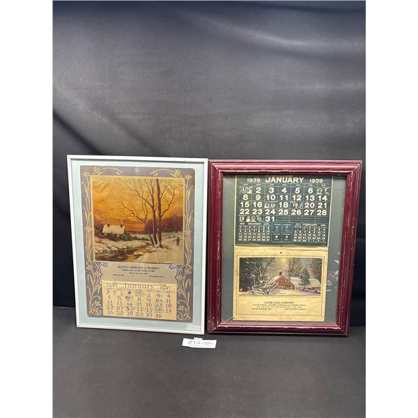 2 Nicely Framed Calendars 1939 Clark Coal Company Approx 16" x 13" + 1941 Allen's Grocery and Market