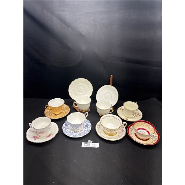 Lot of 8 Vintage Bone China Teacups and Saucers No Chips or Cracks 2 Anysley, 1 Royal Albert, etc