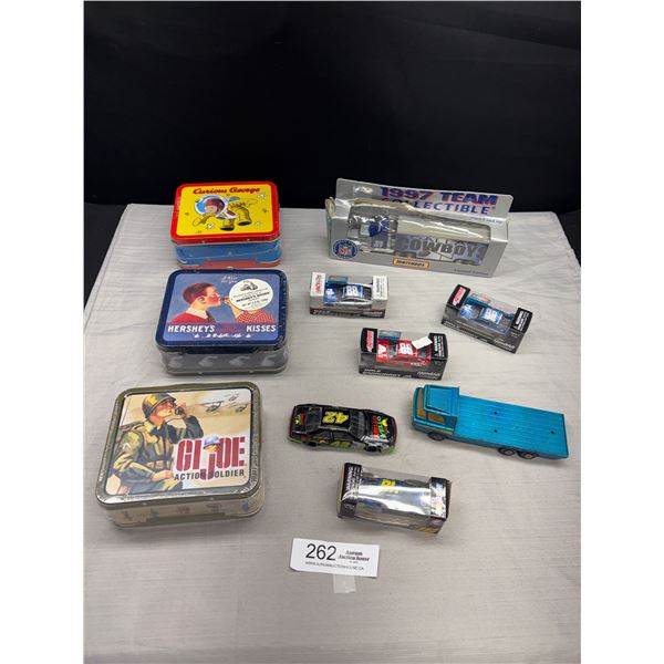 Collectible Lot of Small Diecast Cars in Pakcages + Candy Lunchboxes Sealed
