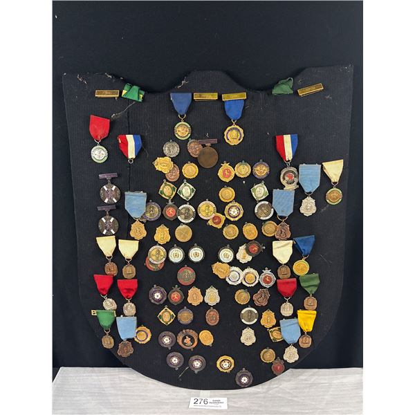20" x 24" Wooden Board Covered in Old Sports Medals Highlander, DC, etc