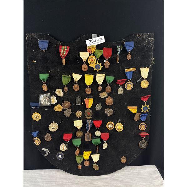 20" x 24" Wooden Board Covered in Old Sports Medals Highlander, DC, etc