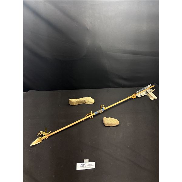 Nice 33" Long Native American Arrow + 2 Antique Native Stone Tools