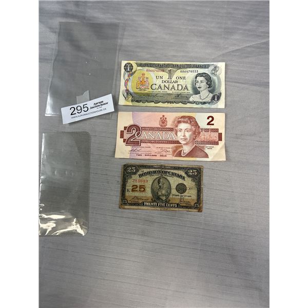 1923 Dominion of Canada 25 cent banknote and canadas l;ast 1 & 2 dollar banknote
