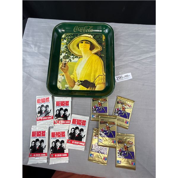 Vintage coca-cola serving tray with unopened packs of tgrading cards the avengers and baseball