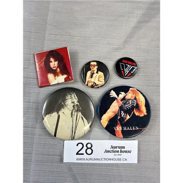 Lot of 5 Vintage Rock Buttons 2 Van Halen, Meatloaf, Metal Queen Lee Aaron and Elvis Costello