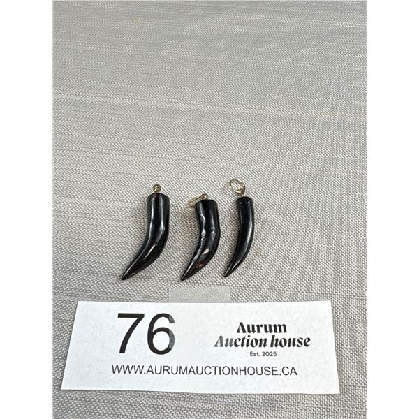 3 Vintage Black Coral Horn Shaped Pendants