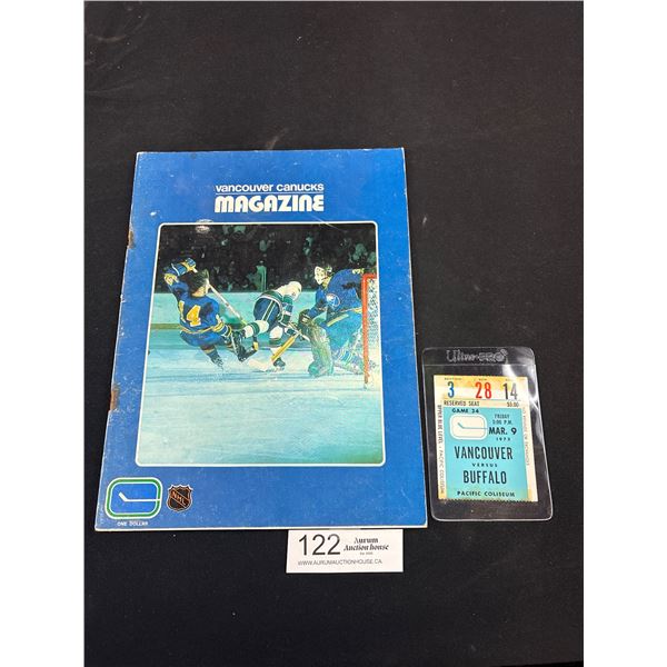 1973 Vancouver Canuck Vs Buffalo Sabres Program w/ Ticket Stub