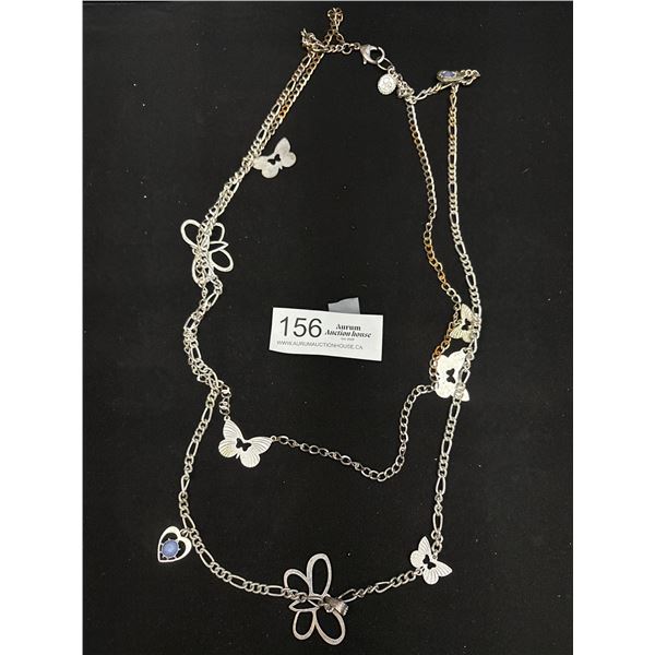 Silver Tone Double Strands Chain w/ Butterfly Pendants Necklace, Very Long