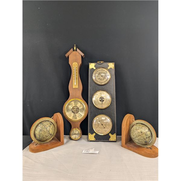 A Vintage Home Decore lot of World Globe Book Ends and Thermometer.Barameter ets