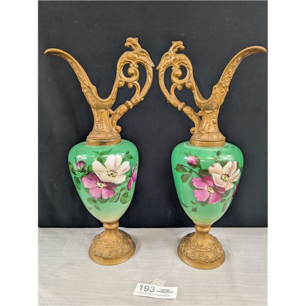 A Pair of Vintage Handpainted Floral Decorated Ewers