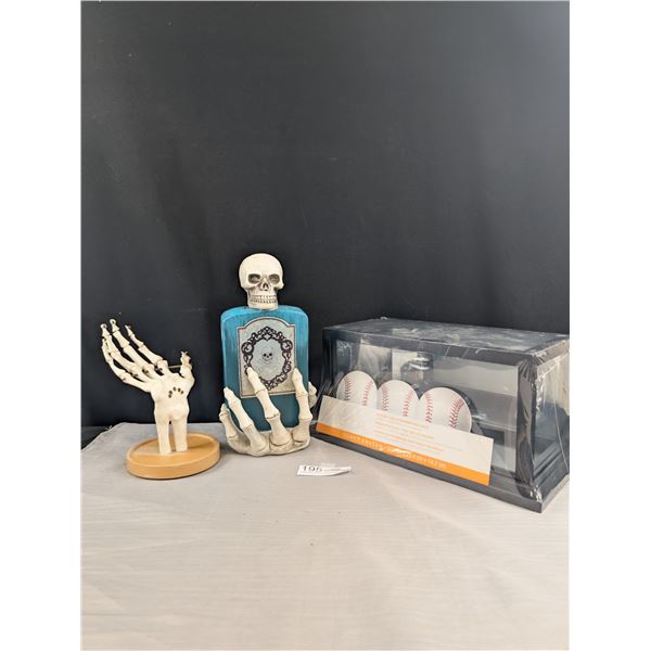 A Home Decore lot of Skeleton Hand Display and Baseball mesuem case unused