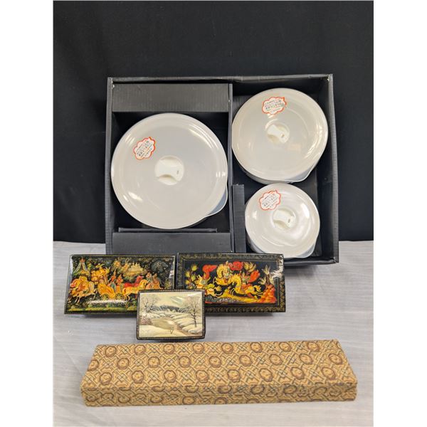 A Collectible lot of Asian Trinket Boxes and Korean dishes in box etc