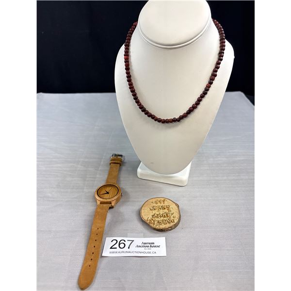 Wood Beads Necklace, Wood Watch + Wood Brooch