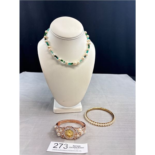 Pearls Necklace, Pearl Bangle + Pearls/Rhinestones Hinged Bangle Watch