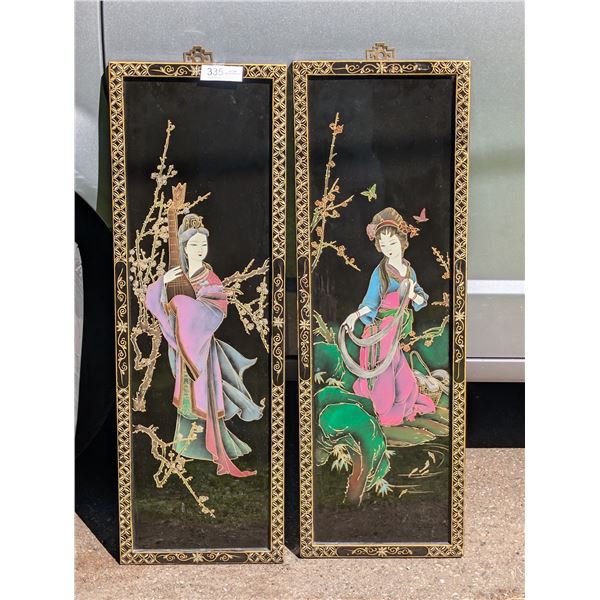 2 12" x 36" Nicely Framed Asron Black Laqured Painting NO SHIPPING